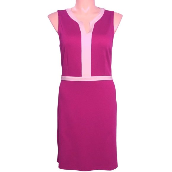 Ann Taylor 12 Dress Magenta Pink Purple Off White Trim V Neck Sleeveless Work - Picture 1 of 7